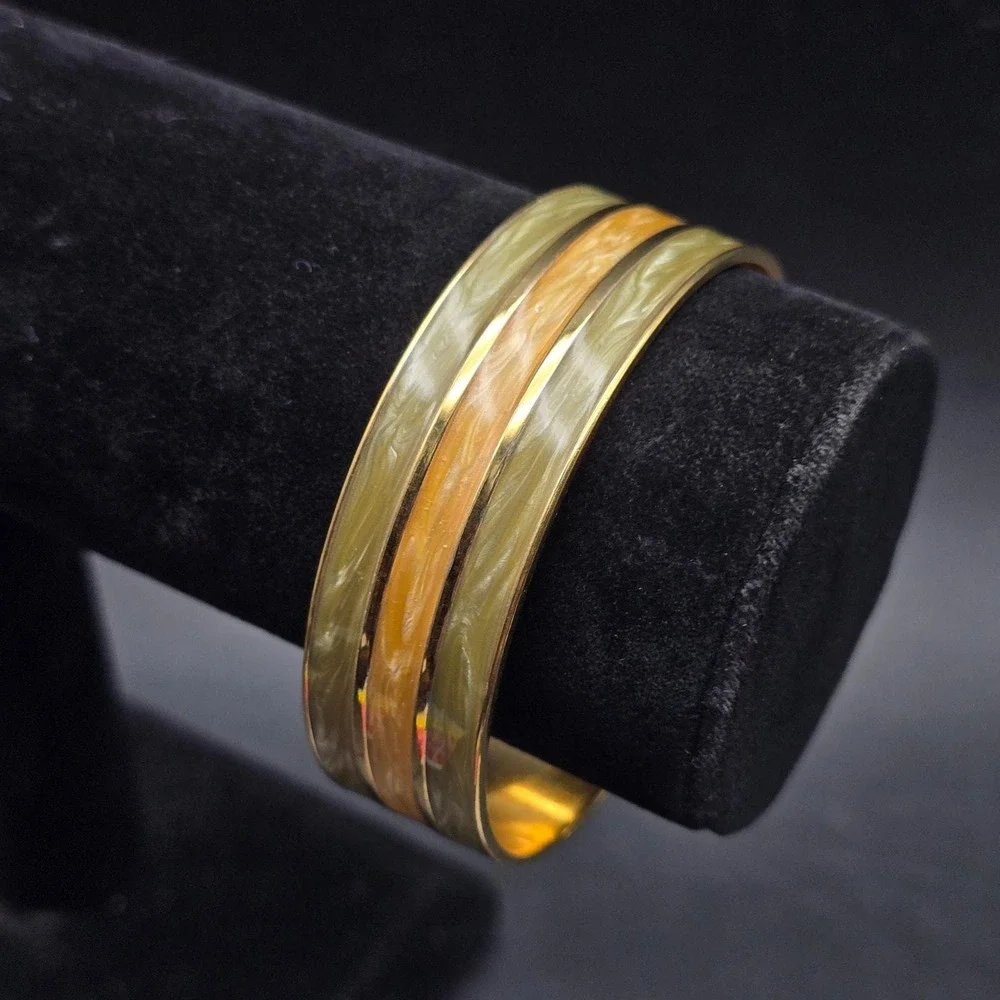 Monet Enamel Bangle Bracelet Coral Gray Beige Gold Tone Vintage